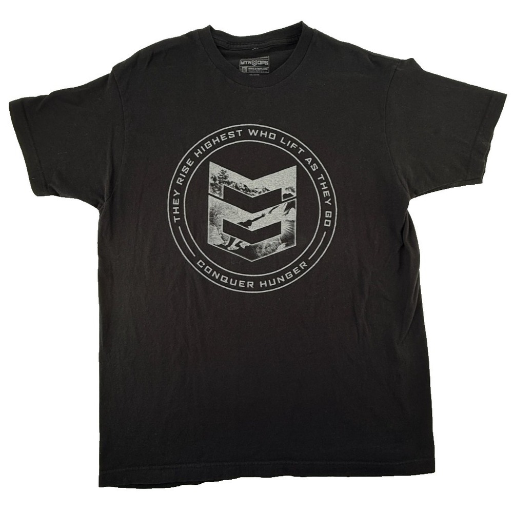 MTN OPS Men's T Shirt Size L Black‎ Graphic Logo Outdoor Fitness Conquer Hunger